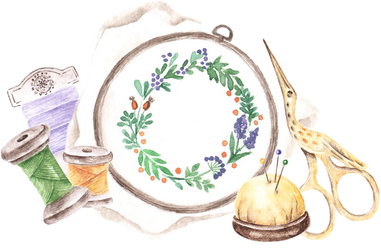 Embroidery watercolor illustration. Sewing. Needlework. Vintage.