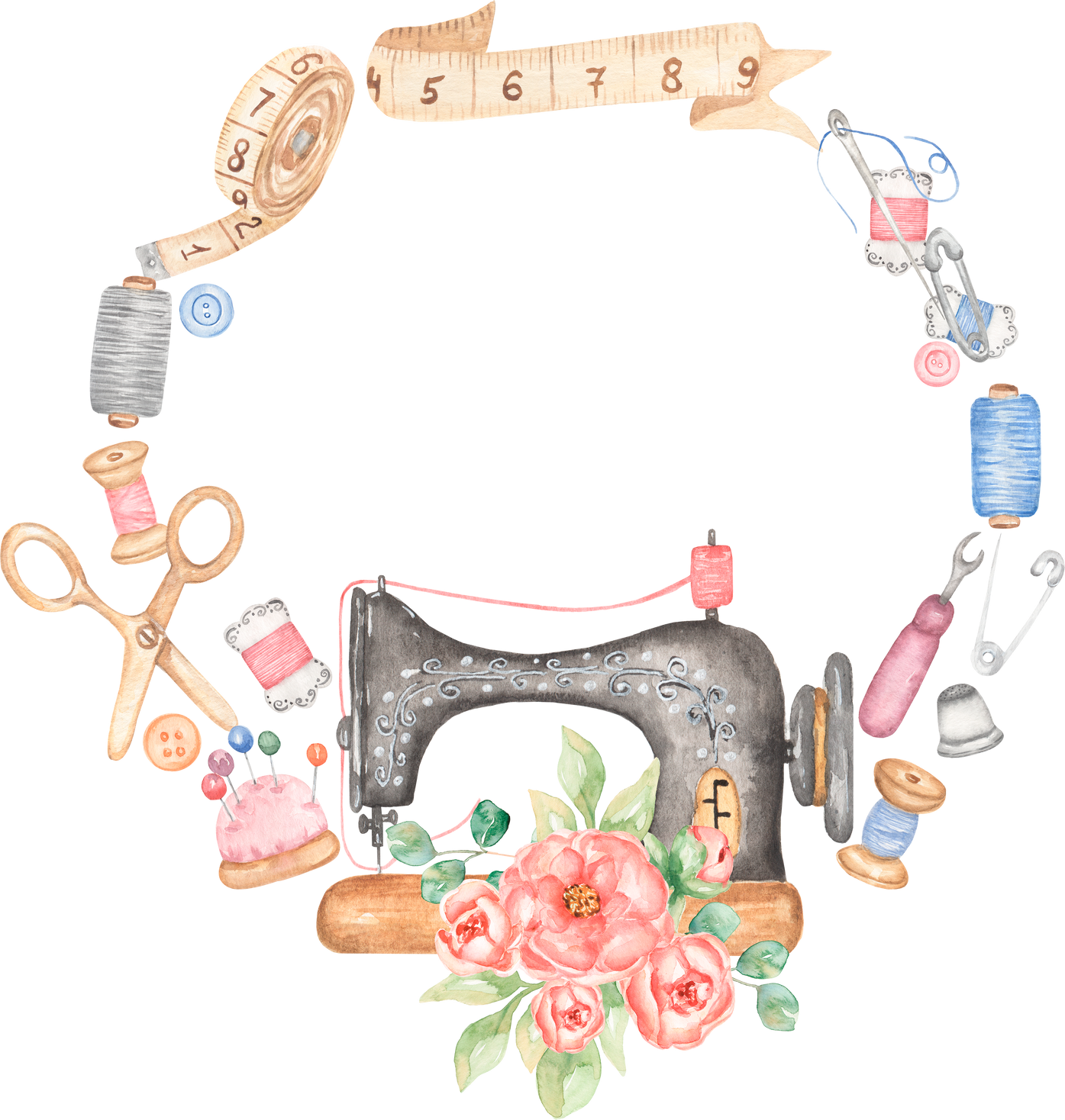 Watercolor Sewing machine and peony flowers bouquet frame