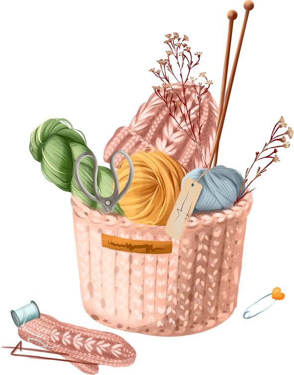 Watercolor knitting needlework. Yarn, sewing, crochet logo