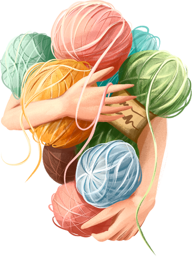 Watercolor knitting needlework. Yarn, sewing, crochet logo